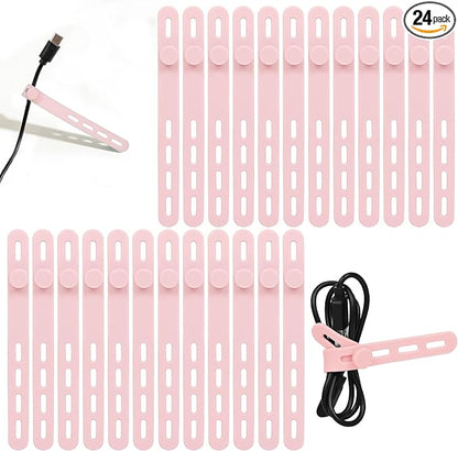 Donruby 24Pcs Silicone Cable Ties - Reusable & Washable with Locking Buckle Design, Adjustable Fastening Cable Straps, Multi-Purpose High Elasticity Cord Organizer (Pink)