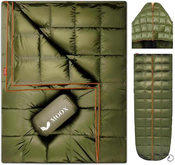 MOOX Down Camping Blanket Packable Backpacking Camping Quilt Outdoor Lightweight Warm Water Resistant Puffy Sleeping Bag Travel Hiking 55"x79" Waterproof Camp Throw Blanket, Green Orange