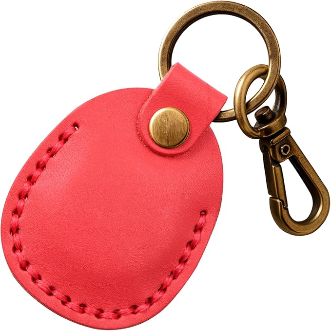 Genuine Leather Airtag Holder, Portable Air Tag Keychain with Key Rings Full Coverage Air Tags Hidden Case Cover Compatible for AirTags Bright Red