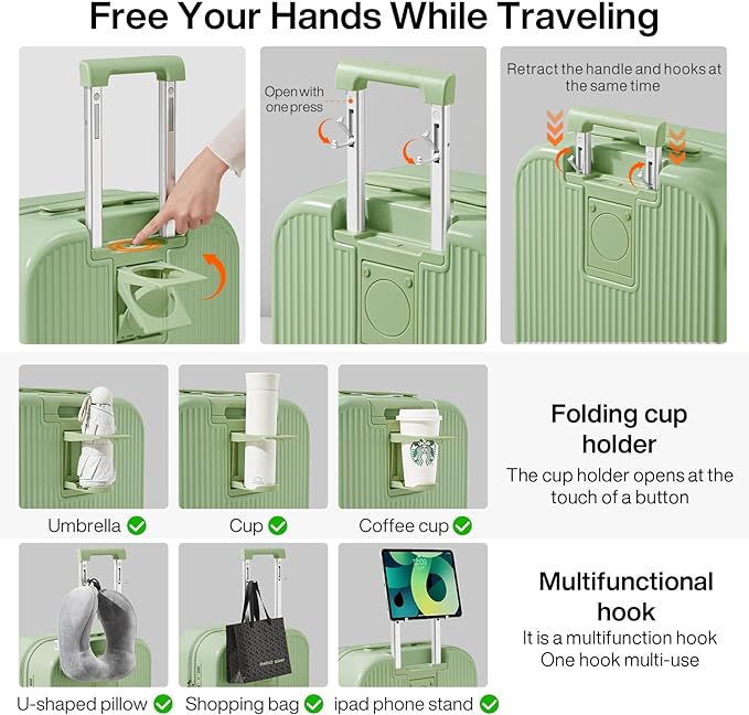 mixi Checked Luggage with Cup Phone Holder Hard Shell Rolling Travel Suitcase with Spinner Wheels,26 Inch Avocado Green
