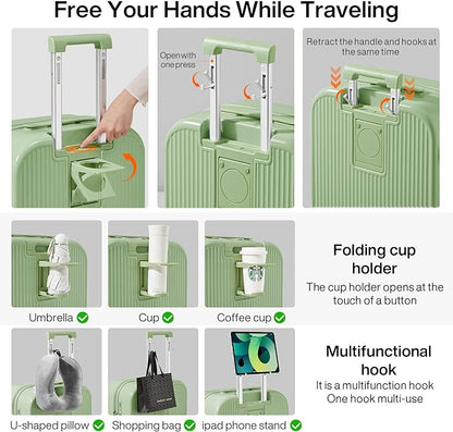 mixi Checked Luggage with Cup Phone Holder Hard Shell Rolling Travel Suitcase with Spinner Wheels,26 Inch Avocado Green