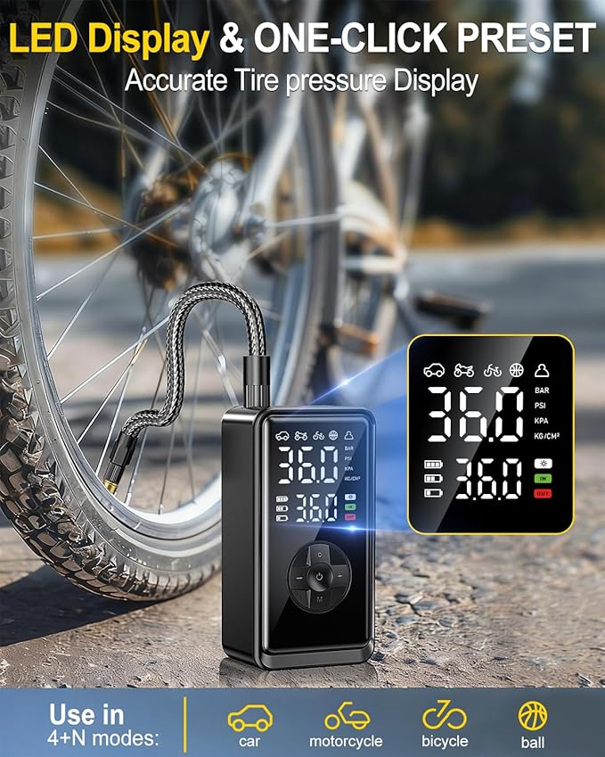 Tire Inflator Portable Air Compressor, Auto Air Pump for car tires with Digital Tire Pressure Gauge, Dual Digital LCD, Pocket Air Compressor for Cars, Bike, Motorcycle, Ball