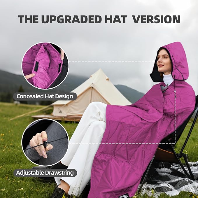 Outdoor Waterproof Blanket, Foldable Fleece Stadium Blanket for Outdoor Sports Event, Camping, Car, Pet, Picnics - Windproof, Wearable, Machine Washable 80" x 58" (Rose Purple,Hooded)