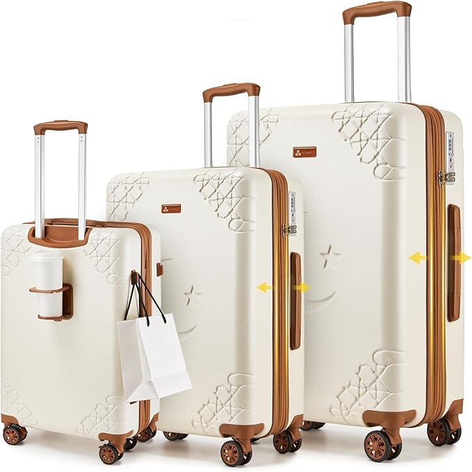 Somago 3 Piece Luggage Set with Cup Holder, Expandable 25% Capacity Suitcase with Shock-Absorbing Braking Spinner Wheels Moon Star Design Hardside Suitcase with TSA Lock (Beige White,Expandable Sets)