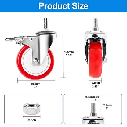 4 inch Stainless Steel Caster Wheels Heavy Duty, 3/8"-16x1 Threaded Stem Casters with Brake, Rust Resistant, Non-Marking Polyurethane PU Wheels for Hospital, Lab, Furniture, Restaurant