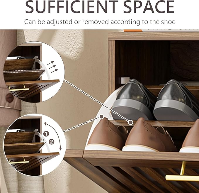 Walnut Shoe Cabinet for Entryway,Narrow Shoe Storage Cabinet with 2 Flip Drawer and Solid Wood Leg,Freestanding Slim Shoe Organizer for Entryway, Hallway