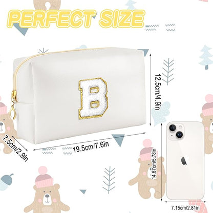 Gifts for Girls Initial Makeup Bag Personalized Cosmetic Bag with Zipper Cute Travel Toiletry Bags Waterproof PU Preppy Makeup Pouch Birthday Gift for Teen Girls Women(White B)