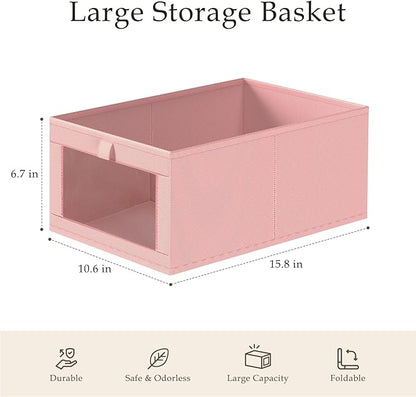 Criusia 4 Pack Linen Closet Organizers and Storage, Closet organizer Large Linen Closet Baskets for Organization, Foldable Storage Containers for Towels, Clothing, Jeans, Books, Shelves, Pink