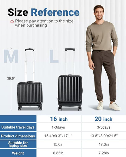 Lekebobor Carry On Luggage 22x14x9 Airline Approved, 20 Inch Hard Shell Suitcase with TSA Lock, Front Pocket & Spinner Wheels for Business Travel, Black