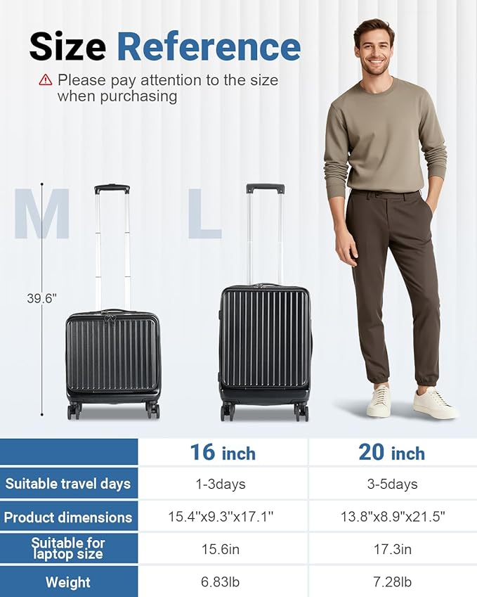 Lekebobor 16 Inch Small Carry on Luggage with Wheels, Airline Approved Hard Shell Suitcase with TSA Lock Front Pocket for Travel for Women Men, Black