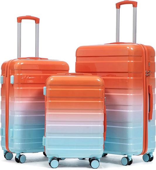 Campfun 3 Piece Luggage Sets, PC Gradient Color Suitcase Set with Double Spinner Wheels, Durable Carry On Luggage with Combination Lock, 20/24/28 inch, Red+Blue