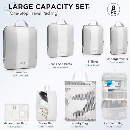 8 Set Compression Packing Cubes for Travel Essentials,Compressible Expandable Packing Cubes for Suitcase,OlarHike Luggage Organizer Bags for Travel,Handy Helper for Organizing Clothes(White)
