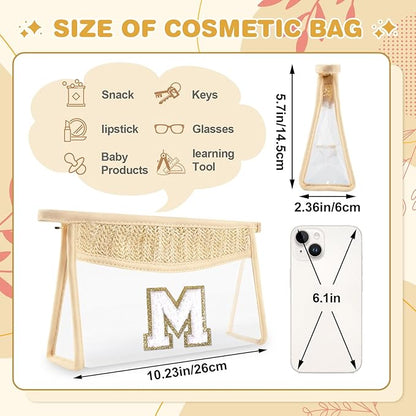 Personalized Initial Letter Bag Boho Straw Clear Makeup Bag,Small Cute Chenille Varsity Letter Bag With Zipper,Beach Travel Toiletry Bag,Portable Monogrammed Cosmetic Bag for Women Girls,M