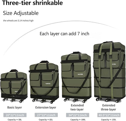 130L Expandable Luggage, 40 Inch Suitcase with Wheels, Collapsible Luggage with Wheels, Rolling Duffle Bag with wheels, Foldable Suitcasewith2Handle Wrap 2Fixing Straps 1Shoulder Strap (Green)