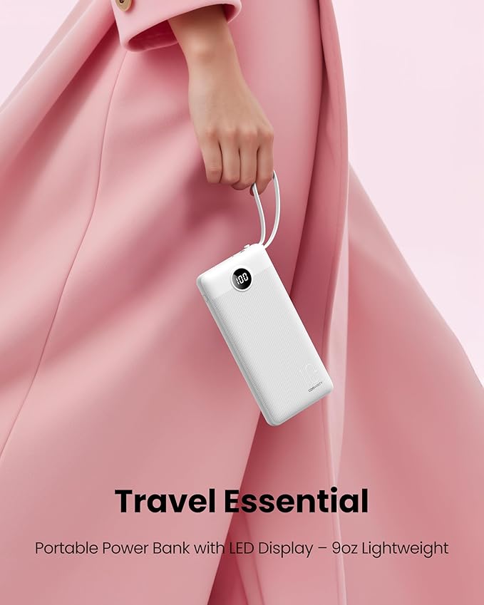 Portable Charger Compatible with iPhone 17, 10000mAh Slim Power Bank with Built-in Cables, External Battery Pack 5 Outputs 2 Inputs LED Display Compatible with iPhone/Android & More (White)
