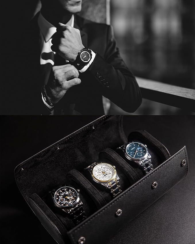 MR.OKAY 3 Watch Travel Case- Classic Leather Watch Case With Superb Texture.Portable Watch Roll Or Organizer For Storage And Display. Best Travel Gift for Men,All Handcrafted By Artisans.