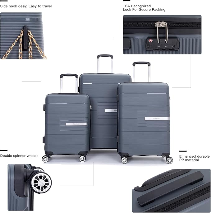 Luggage 3 Piece Sets Suitcase Set with Double Spinner Wheels, Lightweight Carry On Hardside Travel Luggage with TSA Lock, (20/24/28) (Gray)