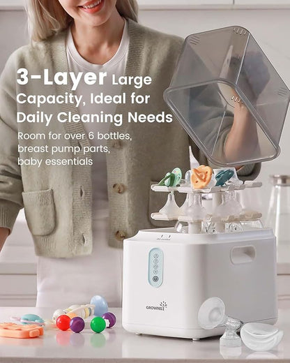 Grownsy 3 Layers Large Capacity Bottle Sterilizer and Dryer, 45% Faster Electric Steam Sterilization, Universal Bottle Sterilizer for Baby Bottles, Breast Pump Parts, Glass & Plastic, Compact Design