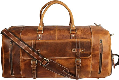 KomalC Leather Duffle Bags for Men and Women Travel Overnight Weekend sports bag holdall Gym Duffel for Men (Distressed Tan, 28 Inch)