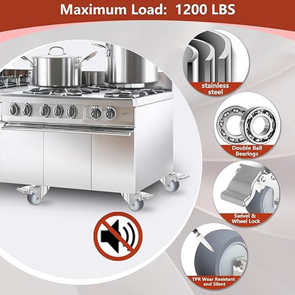 3 Inch Stainless Steel Caster Wheels with Brake, Heavy Duty 304 Casters Set of 4, Non-Marking TPR Quiet Wheels, 2600 lbs, Swivel for Furniture, Labs, Kitchens, Industrial with Hardware Kits