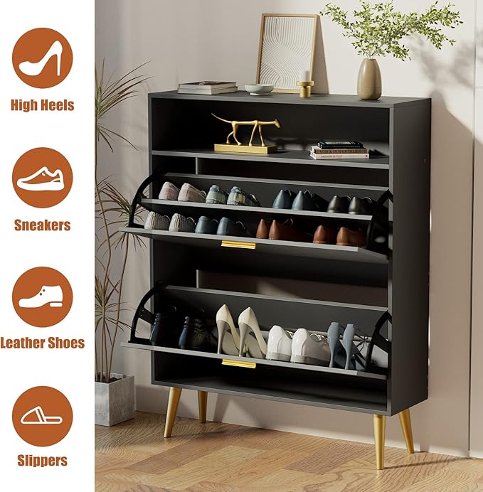 JOZZBY Shoe Cabinet for Entryway, Narrow Shoe Storage Cabinet with 2 Flip Drawers, Freestanding Hidden Shoe Rack Storage with Open Shelves for Hallway, Living Room, Set of 2, Black