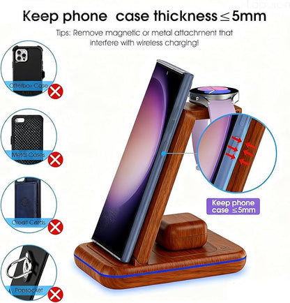 Wireless Charging Station for Samsung/Android, Fast Wireless Watch Charger Station Compatible for Samsung Galaxy S25 Ultra/S24/S23+/Z Flip 7/6 Fold 7/6, Watch8/7/Pro/Active 2 Galaxy Buds3/2 Pro(Wood)