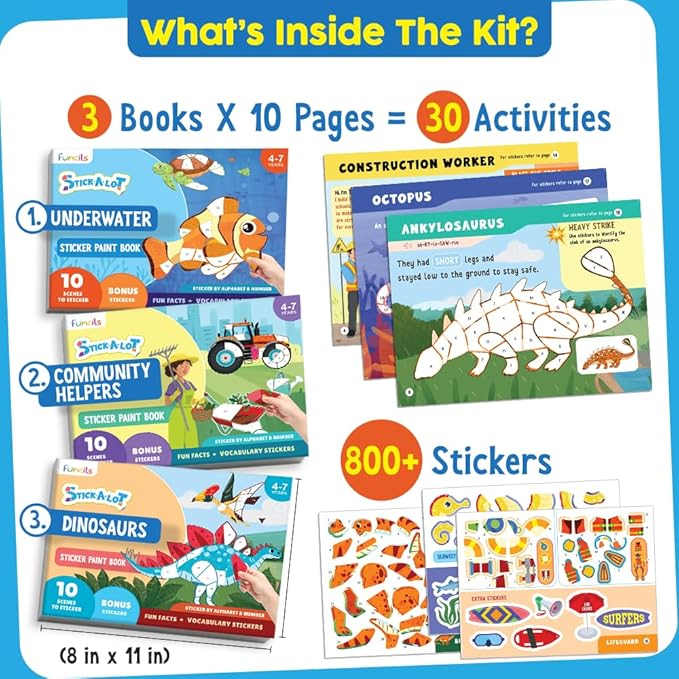 Funcils Paint by Sticker & Number for Kids - 30 Color by Sticker Paint Book | Travel, Airplane, Car Activities for Kids Ages 4-8 Girls Boys | Art & Crafts Games, Puzzle Books, Learning Educational Kit