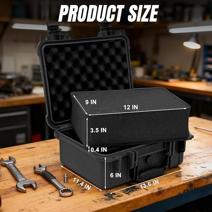 14x 11.5x 6.5 Inch Hard Case, Portable Weather Waterproof Protective Camera Case with Customizable Foam, Fit Use of Drones, Camera, Equipments, Black，upgraded