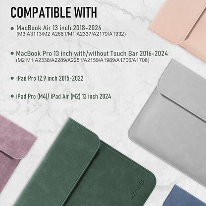 Allinside 13 Inch Laptop Sleeve Case for MacBook Air 13 2018-2025/MacBook Pro 13 2016-2022/Macbook Pro 14 2021-2024, Waterproof Matte PU Leather Horizontal Envelope Protective Case Cover, Dark Green