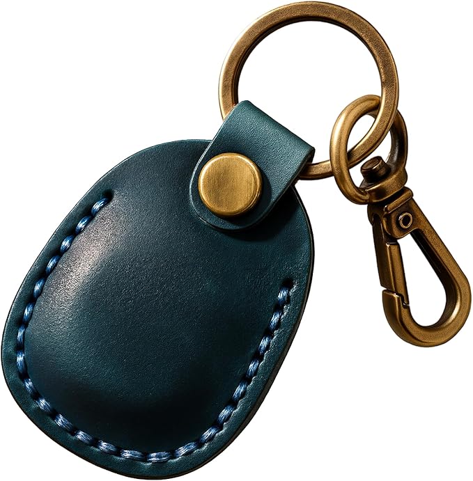 Genuine Leather Airtag Holder, Portable Air Tag Keychain with Key Rings Full Coverage Air Tags Hidden Case Cover Compatible for AirTags Blue