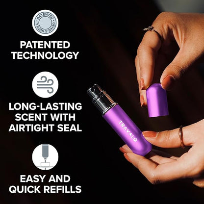 Travalo Classic HD Perfume Atomizer - Leak-Proof and TSA Approved for Air Travel - Reusable, Airtight, Easy-Fill Mini Pump Sprayer - Lightweight, Elegant Design w/Volume Window - Purple 0.17oz