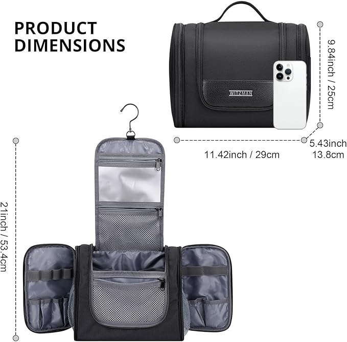 WITZMAN Toiletry Bag for Men Women Large Hanging Multi-organization Bathroom Bag Water-resistant Dopp Kit Shaving Bag Men(B690 Black)