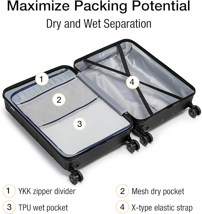 KYME 26 Inch Luggage TSA Approved Hardshell Suitcases with Spinner Wheels Durable Medium Travel Checked Luggage with Cup Holder for Women Men Black