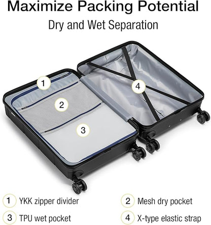 KYME 26 Inch Luggage TSA Approved Hardshell Suitcases with Spinner Wheels Durable Medium Travel Checked Luggage with Cup Holder for Women Men Black