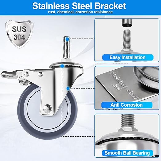 4 inch Stainless Steel Caster Wheels Heavy Duty, 1/2"-13x1-1/2 Threaded Stem Casters with Brake, Rust Resistant, Non-Marking TPR Rubber Wheels for Hospital, Lab,Furniture,Restaurant