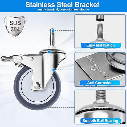 4 inch Stainless Steel Caster Wheels Heavy Duty, 1/2"-13x1-1/2 Threaded Stem Casters with Brake, Rust Resistant, Non-Marking TPR Rubber Wheels for Hospital, Lab,Furniture,Restaurant