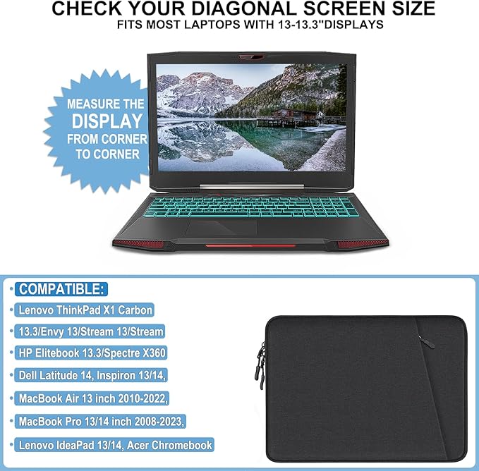 Laptop Sleeve Case 13.3 inch, Shockproof Protective Computer Cover with Accessories Pocket, Portable Laptop Bag Compatible with MacBook Air/Pro 13-13.3 inch, Compatible for MacBook Pro 14 inch, Black