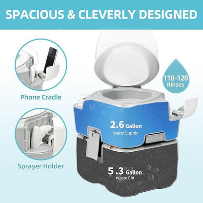 YITAMOTOR 5.3 Gal Portable Toilet for Adults, Camping Porta Potty with Diagonal Elongated Bowl, Hand Sprayer, Carry Bag, Level Indicator, Leak-Proof RV Travel Porta Potty for Outdoors Indoors Hospital