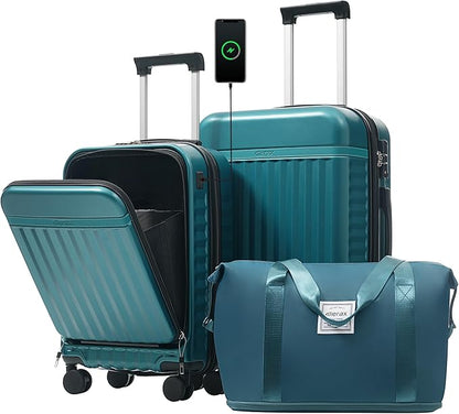 Merax Luggage Sets 2 Piece Front Opening, Hardside Lightweight Carry on Suitcase with USB Port,Durable Expandable Luggage with Bags Spinner Wheels and TSA Lock,Dark Green