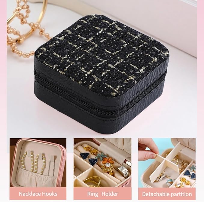 Small Jewelry Box,Travel Jewelry Organizer Case with Stylish Braided Surface,Portable Storage Case for Rings Necklace and Stud Earring