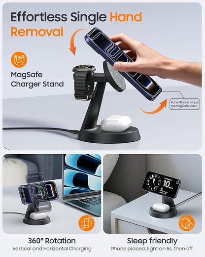 3 in 1 Magnetic Charging Station for Apple Devices, 15W Fast Wireless Charger Compatible with MagSafe Charging Stand Dock for iPhone 17 16 15 14 13 12, Watch Charger Stand for Apple Watch & Earbuds