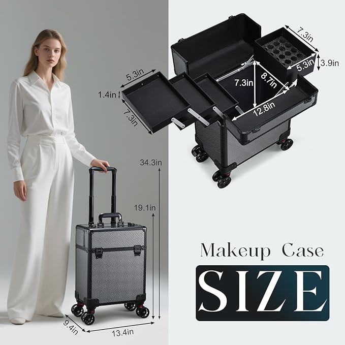 Rolling Makeup Case, Cosmetology Case on Wheels Makeup Train Case Professional Vanity Case with Trays for Women Large Travel Makeup Box Organizer Makeup Trolley on Wheels with Key,Ashy Grey
