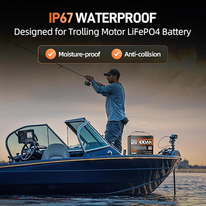 12V 100Ah LiFePO4 Battery Lithium Deep Cycle, Group 24, IP67, Built-in 100A BMS, 1280Wh Energy, 15000+ Cycles for RV Solar Off-Grid Marine Trolling Motor, Portable Power for Camping (10-Year Lifespan)