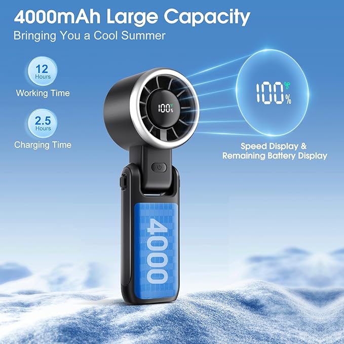 WHATOOK Portable Fan Rechargeable Mini Fans: Hand Fan with Air Turbo Tech, 4000mAh and 5 Speeds Led Display, 3 IN 1 Foldable Small Personal Fans for Travel, Outdoor, Working, Shopping (Black)