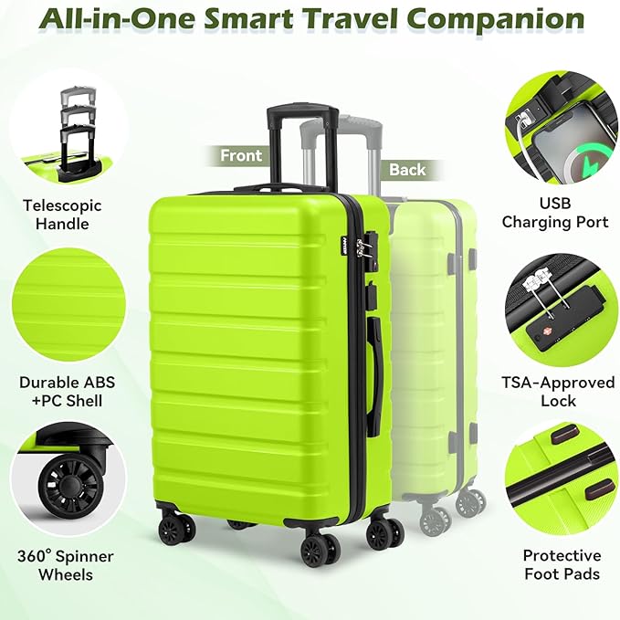 AnyZip Carry On Luggage 21" Hardside PC ABS Lightweight USB Suitcase with Wheels TSA Lock for kids AppleGreen