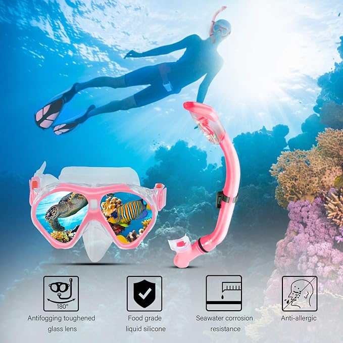 Kids Snorkeling Set Children Mask Fin Snorkel Set Snorkeling Gear Snorkel Mask + Adjustable Swimming Kids Flippers+ Dry Snorkel Tube + Travel Bags