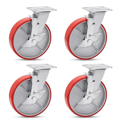 Nefish 8 Inch Industrial Casters Set of 4, Heavy Duty Casters with Brake 6000 Lbs, No Noise Polyurethane Wheel on Steel Hub, Swivel Plate Caster Wheels for Toolbox Workbench (4 Swivel & Brakes)