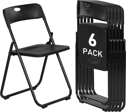 6 Pack Black Plastic Folding Chairs, Indoor Outdoor Portable Stackable Commercial Seats with Steel Frame for Home Office Wedding Party Events Kitchen Dining, 350lb Capacity