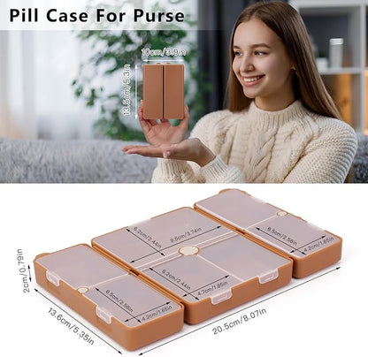 FYY Daily Pill Organizer,7 Compartments Portable Pill Case Travel Pill Organizer,[Folding Design] Pill Box for Purse Pocket to Hold Vitamins,Cod Liver Oil,Supplements and Medication-Brown