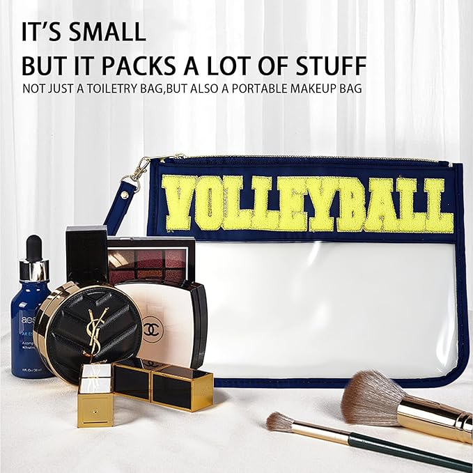 2Pcs Volleyball Gifts Makeup Bag with Chenille Letter Patch,with Handles Volleyball PVC Waterproof Clear Makeup Bag,Portable Toiletry Storage Bag,Players & Fans Birthday, Team or Sports Lover Presents